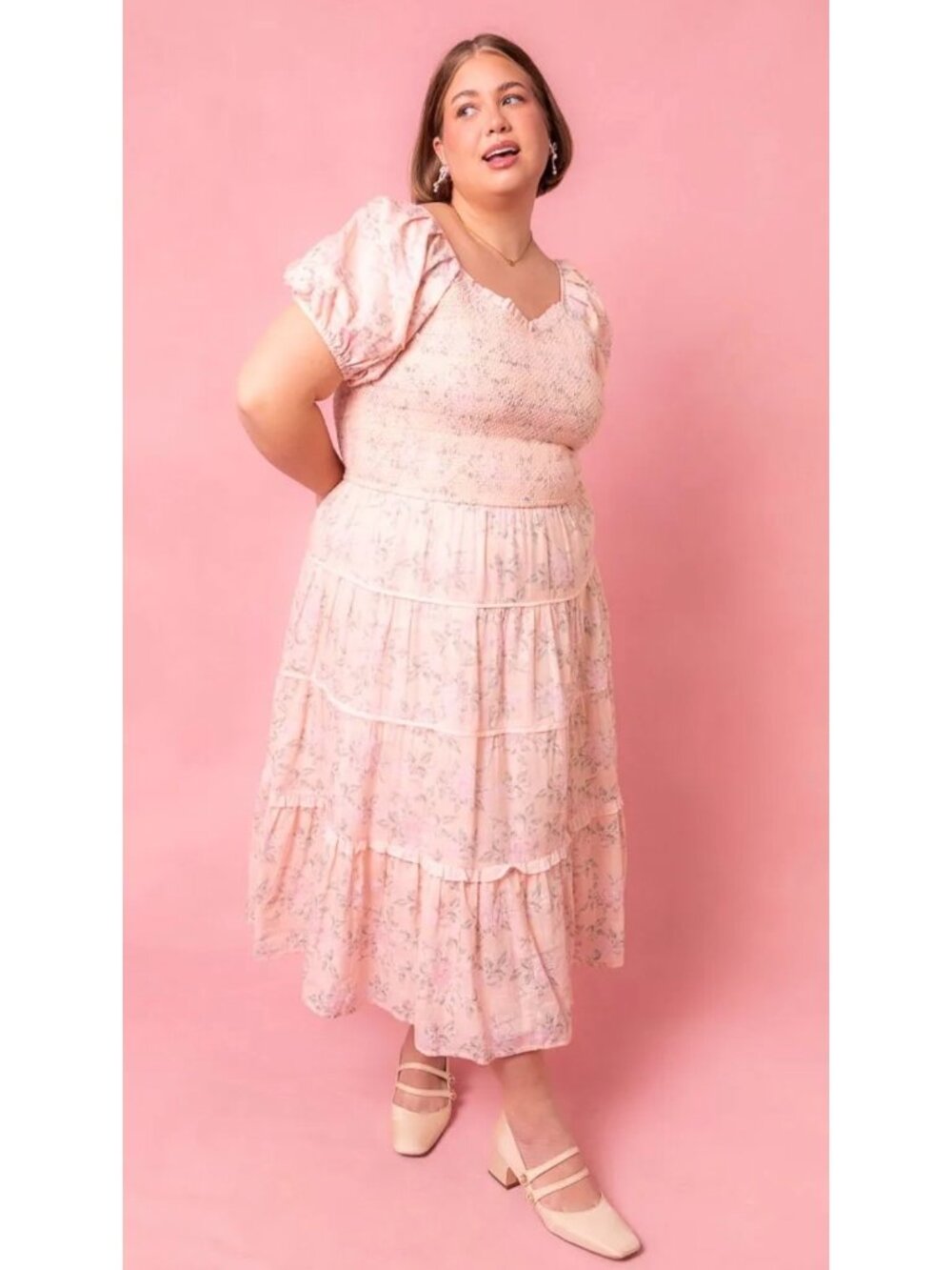 Ivy City Floral Puff Sleeves Midi Dress 1X Pastel Pink Peasant Smocked Tiered